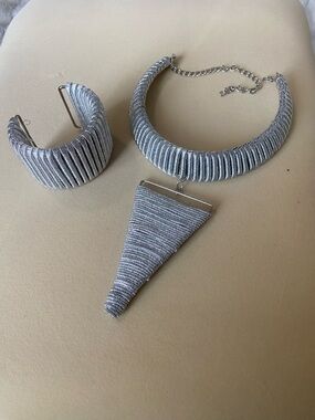 Silver Metallic Wrapped Necklace and Cuff Bracelet Set